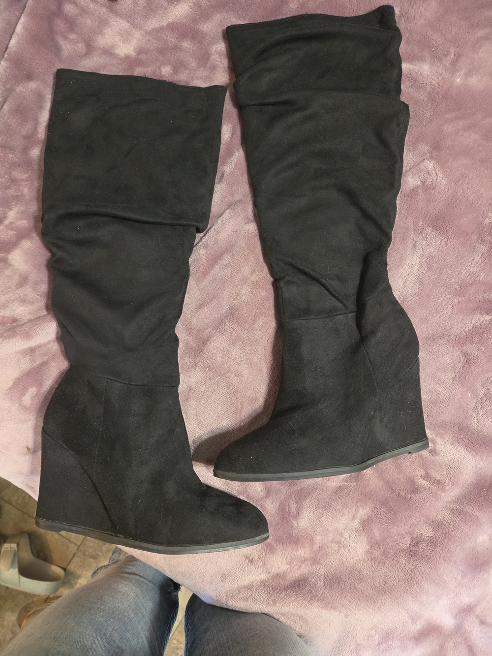 Olivia Miller Black Suede Wedge Knee-High Boots
